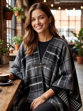 Liz Claiborne Black & Gray Plaid Wrap Poncho